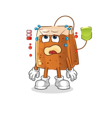 Çay poşeti düşük batarya maskotu. çizgi film vektörü