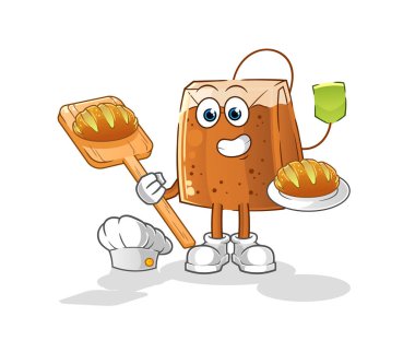 Ekmekli çay poşeti fırını. çizgi film maskotu vektörü