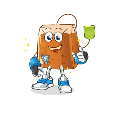 Çay poşeti robot karakteri. çizgi film maskotu vektörü