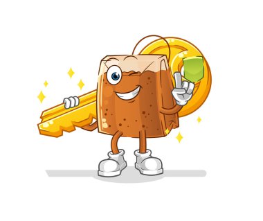 Çay poşeti anahtar maskotu taşır. çizgi film vektörü