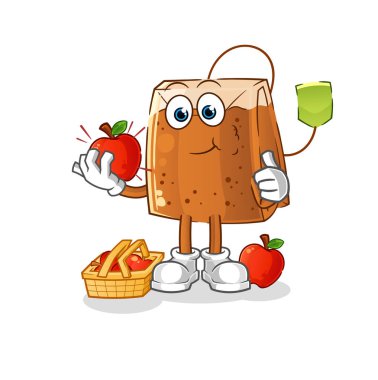 Çay poşeti elma resmi yiyor. karakter vektörü