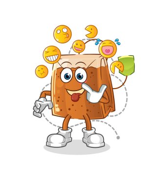 Çay poşeti gülüşü ve taklitçi karakter. çizgi film maskotu vektörü