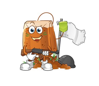 Çay poşeti ordu karakteri. çizgi film maskotu vektörü