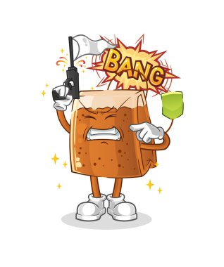 Çay poşeti uyarı atışı maskotu. çizgi film vektörü