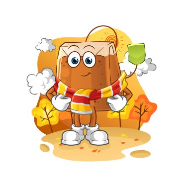 Sonbaharda çay poşeti. çizgi film maskotu vektörü