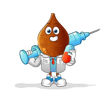 Yılan meyvesi kafalı çizgi film doktoru elinde ilaç ve iğne tutuyor.