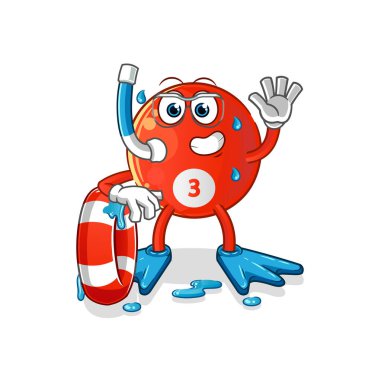 Kırmızı bilardo topu yüzücüsü ve maskotu. çizgi film vektörü