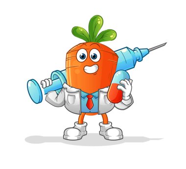 Havuç doktoru ilaç ve iğne tutuyor.