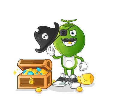 Yeşil Hindistan cevizi kafalı karikatür korsanı ve hazine maskotu. çizgi film vektörü