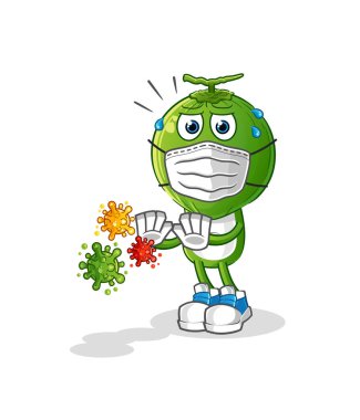 Yeşil Hindistan cevizi kafalı çizgi film karakterleri virüsleri reddediyor. çizgi film maskotu vektörü