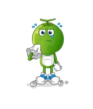 Yeşil hindistan cevizi kafalı çizgi film karakteri peçeteyle ağlıyor. çizgi film maskotu vektörü