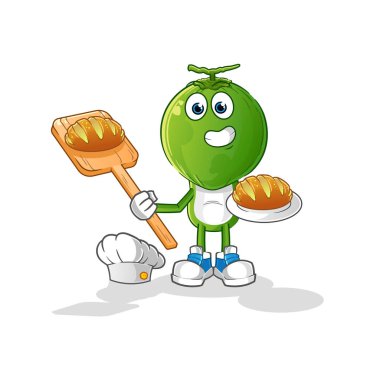 Yeşil hindistan cevizi kafalı fırıncı ve ekmek. çizgi film maskotu vektörü