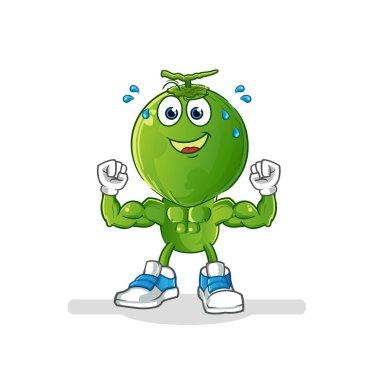 Yeşil hindistan cevizi kafalı çizgi film kaslı. çizgi film maskotu vektörü