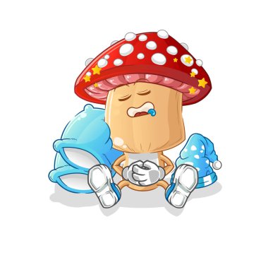 Kırmızı mantar kafalı uyuyan çizgi film karakteri. çizgi film maskotu vektörü