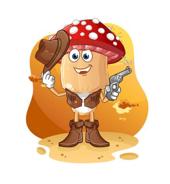 Kırmızı mantar kafalı çizgi film kovboyu silah karakteri vektörü