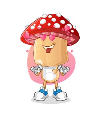 Kırmızı mantar kafalı çizgi film karakteri Fallin Love vektörü. çizgi film karakteri