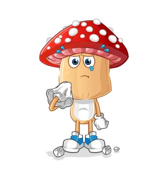 Kırmızı mantar kafalı çizgi film karakteri peçeteyle ağlıyor. çizgi film maskotu vektörü