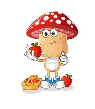 Kırmızı mantar kafalı çizgi film karakteri elma resmi yiyor. karakter vektörü