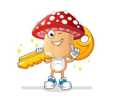 Kırmızı mantar kafalı çizgi film karakteri anahtar maskotu taşıyor. çizgi film vektörü