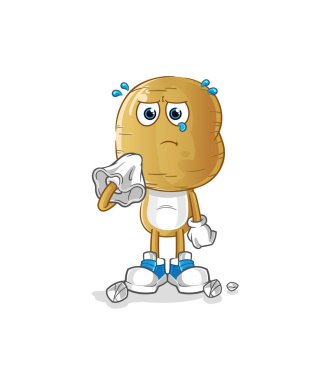 Patates kafalı çizgi film karakteri peçeteyle ağlar. çizgi film maskotu vektörü