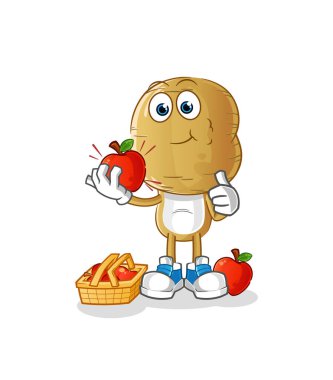 Patates kafalı çizgi film karakteri elma resmi yiyor. karakter vektörü