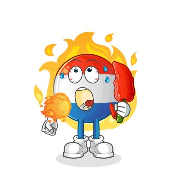 Flaman bayrağı sıcak kırmızı biber maskotu yiyor. çizgi film vektörü