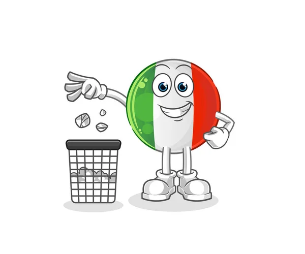 Włoska Flaga Rzuca Maskotką Śmieci Wektor Kreskówki — Wektor stockowy