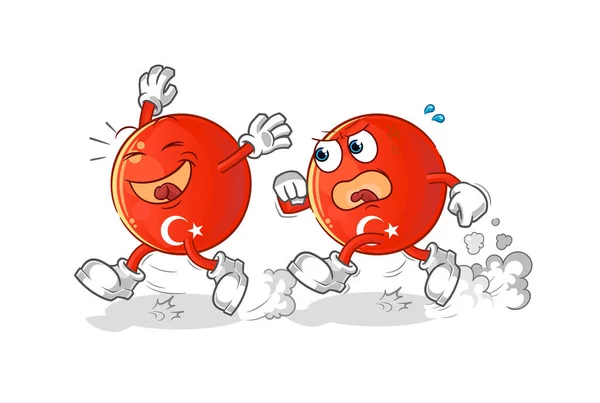 Turkyně Vlajka Hrát Chase Karikatura Karikatura Maskot Vektor — Stockový vektor