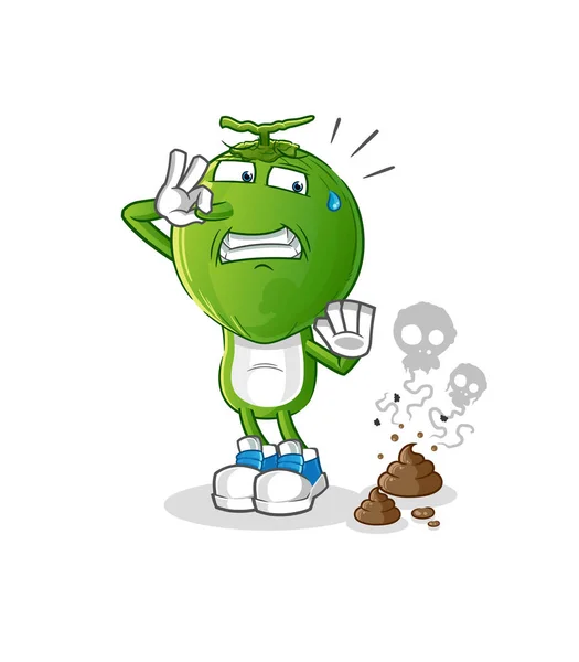 Groene Kokosnoot Kop Cartoon Met Stinkende Afval Illustratie Karaktervector — Stockvector