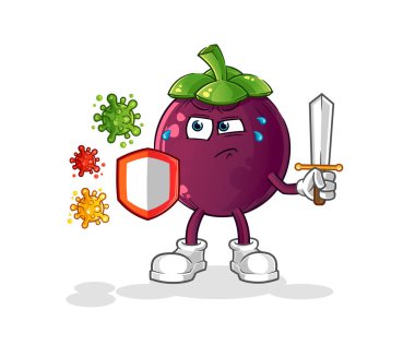 Virüs çizgi filmine karşı mangosteen. çizgi film maskotu vektörü