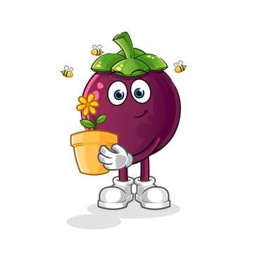 Elinde saksı olan bir mangosteen. karakter vektörü