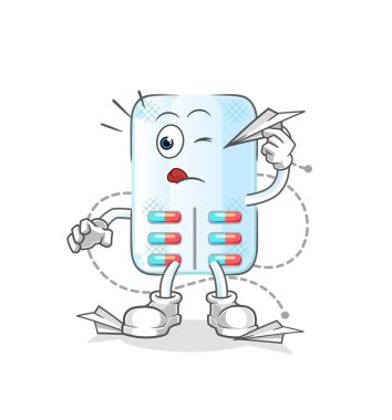 Kağıt uçak karakterli ilaç. çizgi film maskotu vektörü