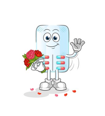 Buket maskotlu ilaç. çizgi film vektörü