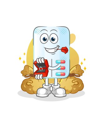 İlaç yüzükle teklif edilir. çizgi film maskotu vektörü