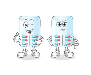 Tıbbın baş parmağı yukarı ve baş parmağı aşağı. çizgi film maskotu vektörü