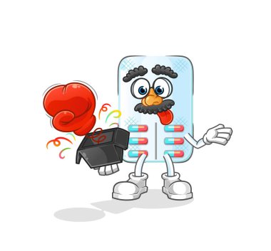 İlaç şaka eldiveni kutuda. çizgi film maskotu