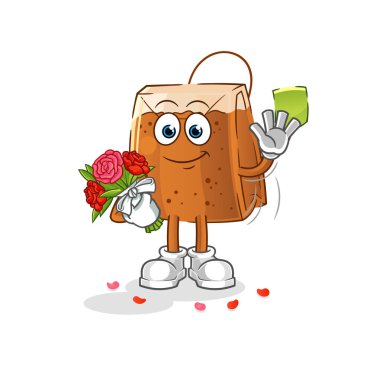 Buket maskotlu çay poşeti. çizgi film vektörü