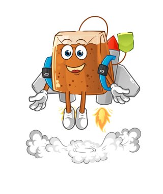 Sırt roketi maskotlu çay poşeti. çizgi film vektörü