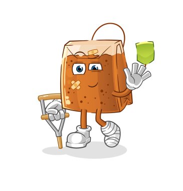 Topallayan sopası olan hasta bir çay poşeti. çizgi film maskotu vektörü