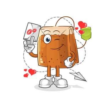 Çay poşeti içinde aşk mektubu illüstrasyonu. karakter vektörü