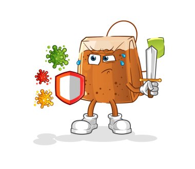 Virüs karikatürlerine karşı çay poşeti. çizgi film maskotu vektörü