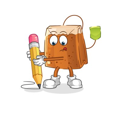 Çay poşeti kalemle yazılır. çizgi film maskotu vektörü