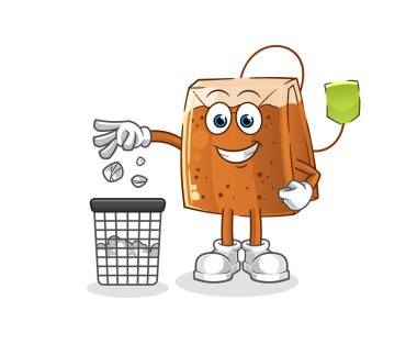 Çay poşeti, çöp maskotu. çizgi film vektörü