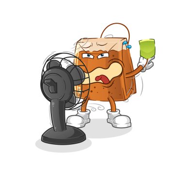 Hayran karakterinin önünde çay poşeti. çizgi film maskotu vektörü