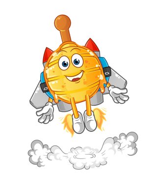 Sırt roketi maskotlu ahşap ballı şeker. çizgi film vektörü