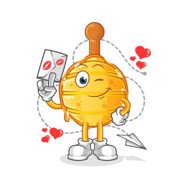 Tahta ballı süs balığı aşk mektubu illüstrasyonunu tut. karakter vektörü