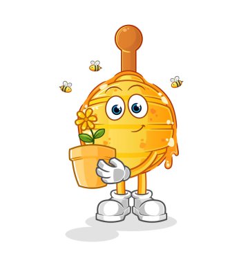 Çiçek saksısı olan ahşap bal kovanı. karakter vektörü