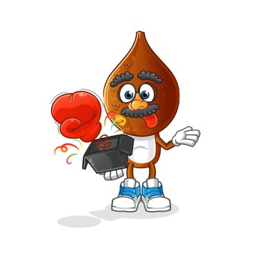 Yılan meyvesi kafalı karikatür şaka eldiveni kutuda. çizgi film maskotu