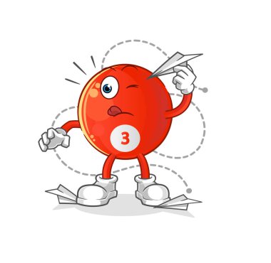 Kağıt uçak karakterli kırmızı bilardo topu. çizgi film maskotu vektörü