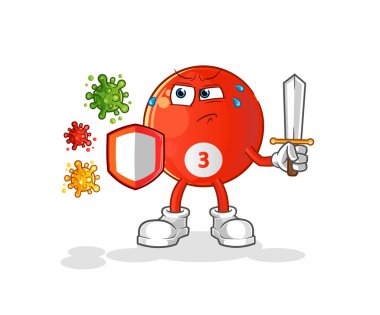 Virüs çizgi filmine karşı kırmızı bilardo topu. çizgi film maskotu vektörü